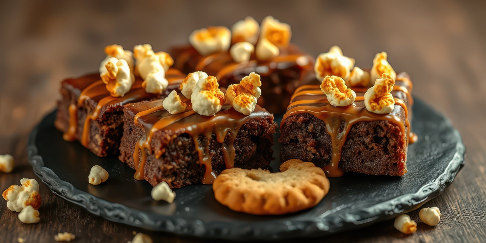 Delicious brownies topped with caramel and popcorn served on a black plate during a cozy gathering
